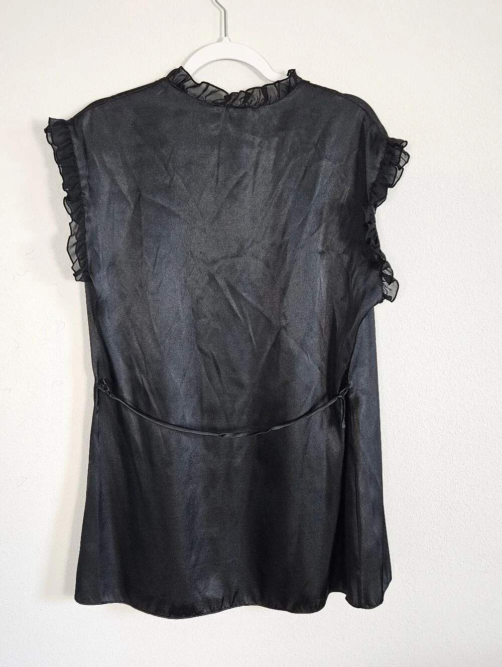 Linea Donatella Black Satin Short Wrap Chemise Ruffle Sleeve Floral Embroidered